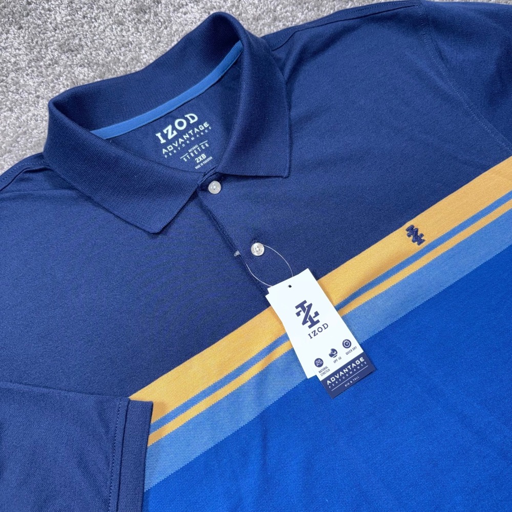 IZOD Advantage Performance Polo Mens Striped Stretch Blue 2XB NEW